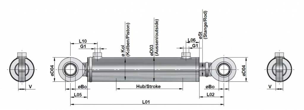 Doppeltwirkender Hydraulikzylinder – Beidseitig Gelenkaugen in  Industrieausführung – Assfalg Qualitätshydraulik